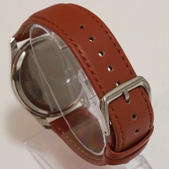Men's Quartz Field Watch Silver Case Brown Leather Strap 42mm - Picture 11 of 12